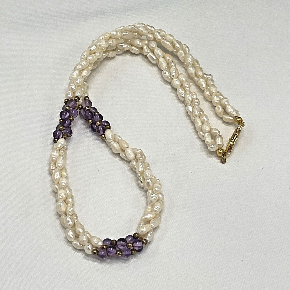 Vintage Triple Strand Rice Pearl Necklace Amethyst Bead Accents Torsade 16"